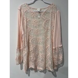 Chico's Light Pink Floral Lace Mesh Sheer Long Sleeve Blouse Asymmetrical Hem 4